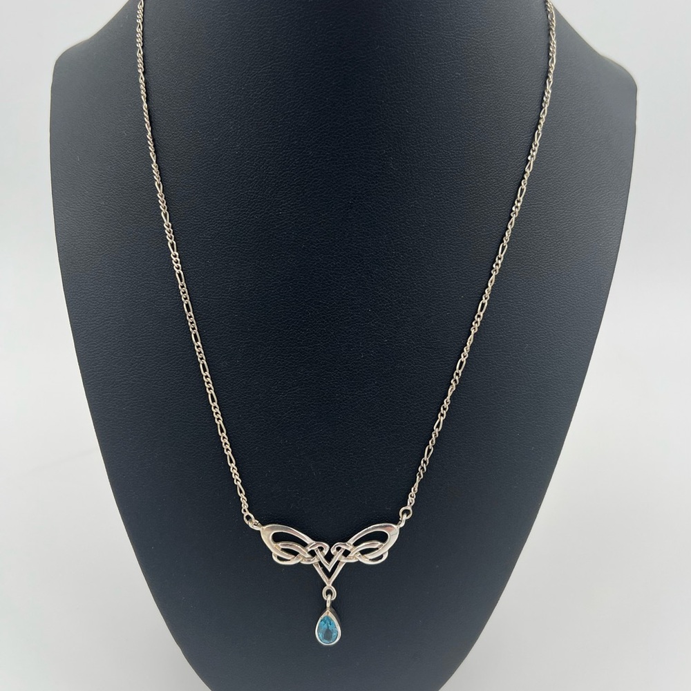 Vintage Sterling Silver Celtic knot Necklace with Blue Topaz Gemstone Drop